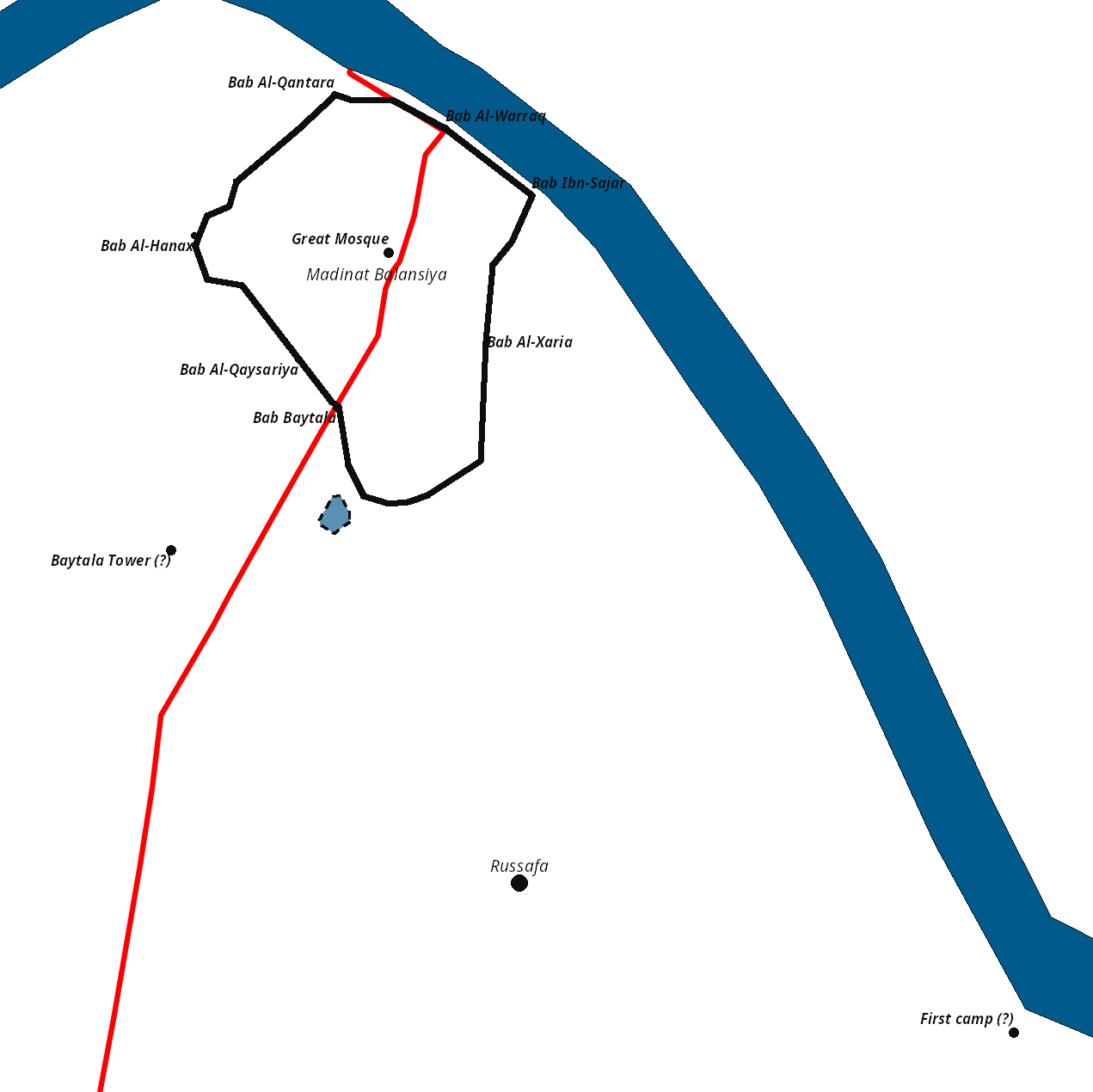 A map of Muslim Valencia (Madinat Balansiya) during the siege of Valencia by Jaume I of Aragón in 1238.