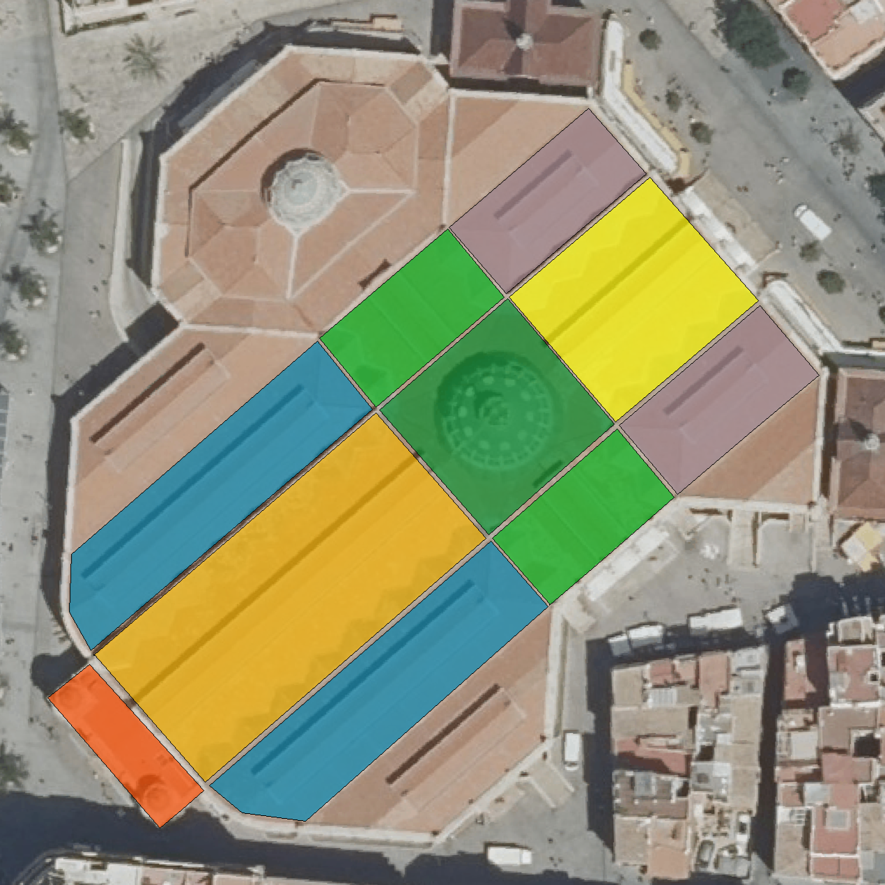 Satellite picture of the Mercat Central, with added coloured sections showing the church-elements present in its design.