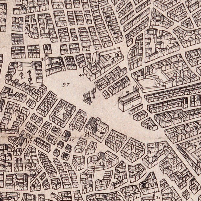 A part of Antonio Mancelli's 1608 map of Valencia, showing the Plaça del Mercat, the square where now the Mercat Central de València stands.