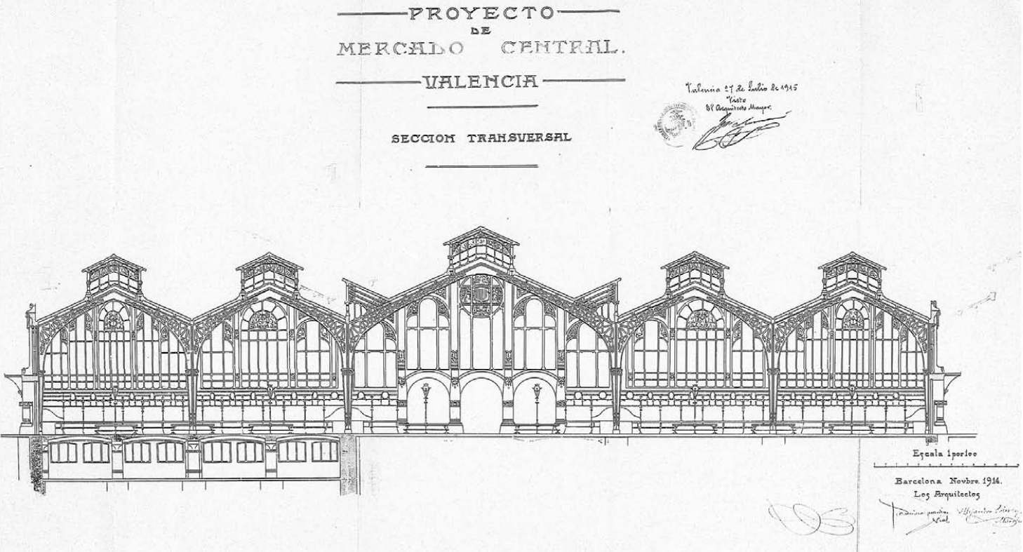 Cross-setion of the Mercat Central de València, showing its basilica-style design in each of the five naves.